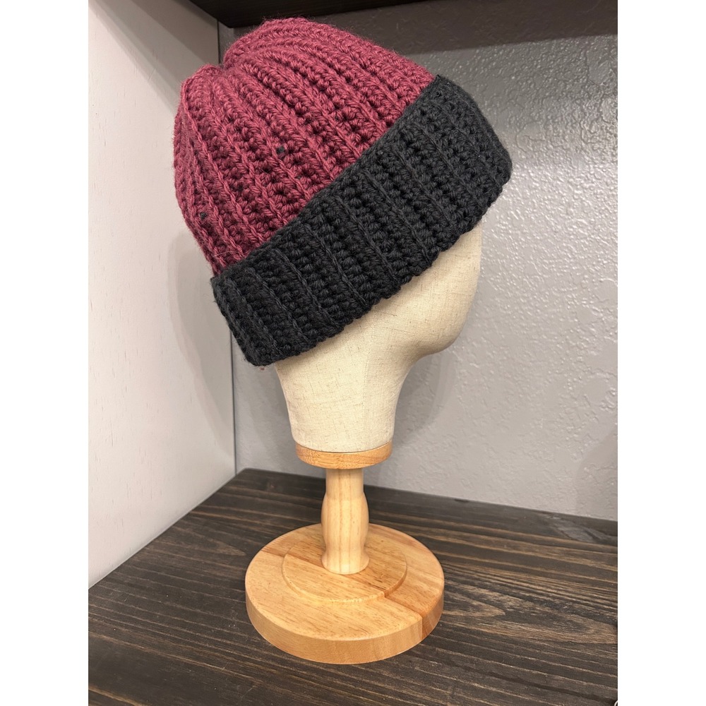 Handmade Two Tone Burgundy Charcoal Grey Chunky Knit Beanie Cap